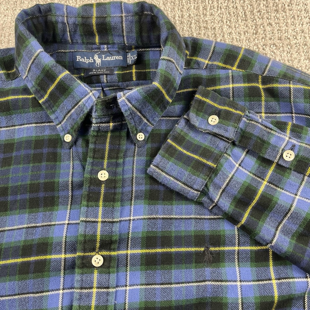 Vintage Ralph Lauren Shirt Men XL Blake Blue Green Plaid Flannel Red Pony 90s